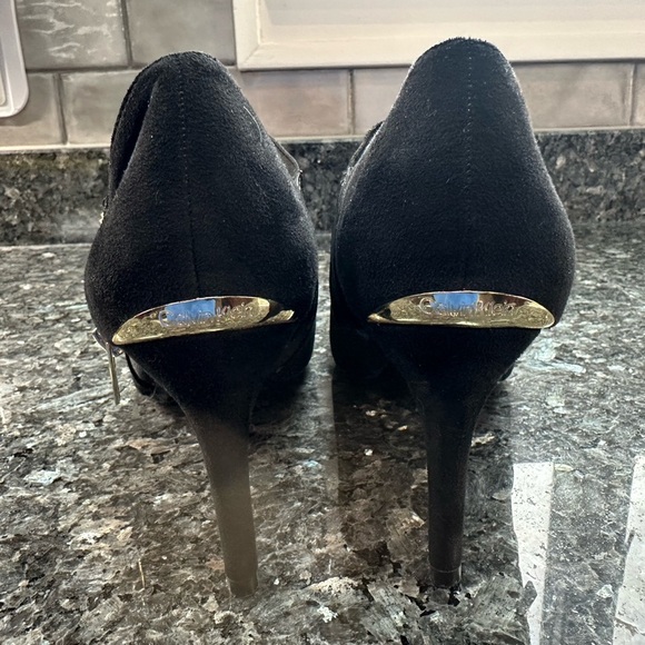 Calvin Klein Black Suede Gold Zip Jitar Leather High Heel Ankle Booties Size 9.5 - Picture 6 of 11